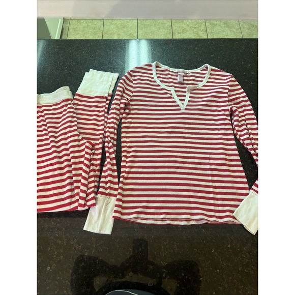 Victoria's Secret Pajamas Sz Sm Thermal Tight Red White Stripe Cotton‎ Stretch - Picture 1 of 8